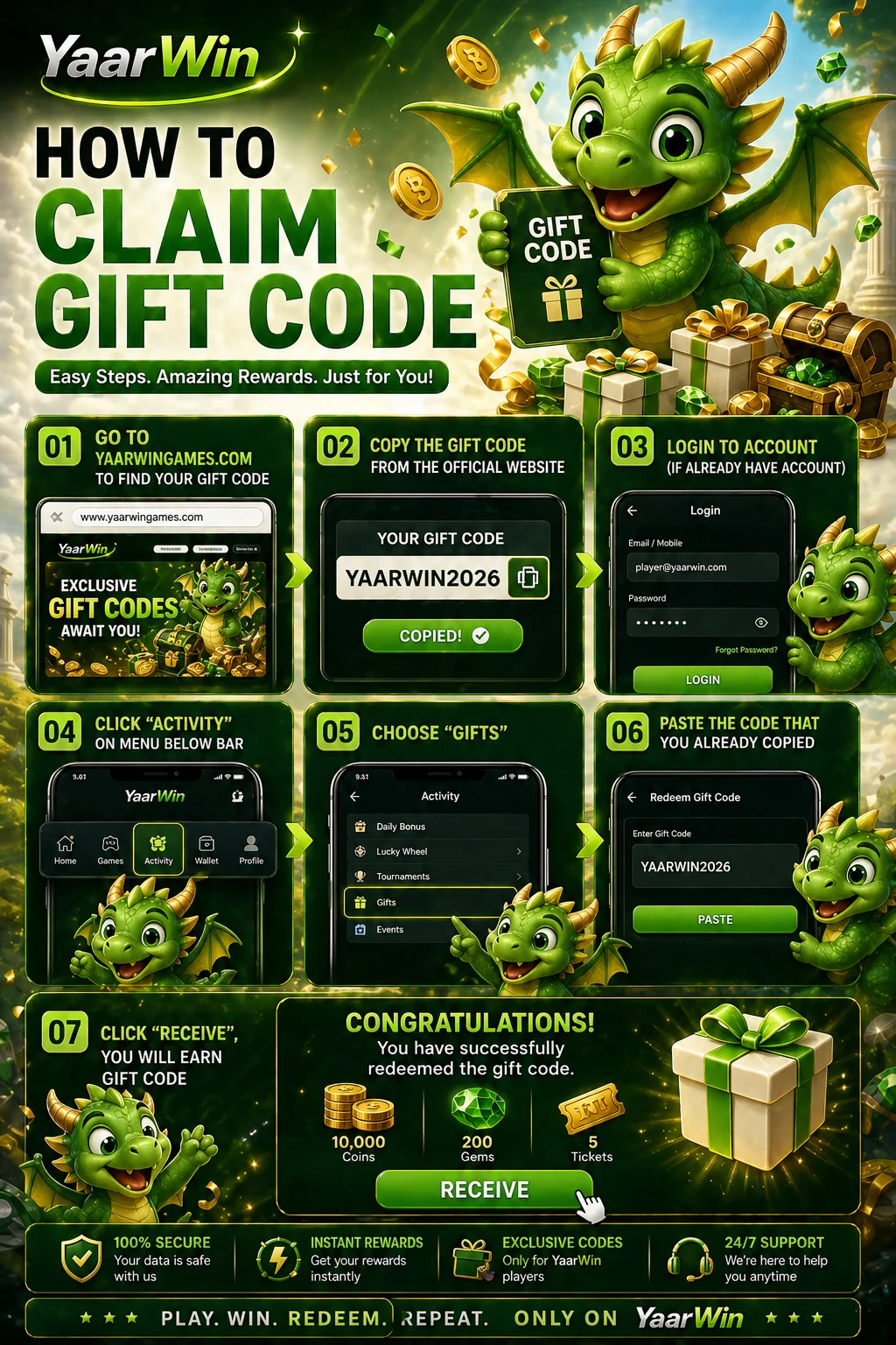 Yaarwin daily gift code claim steps and rewards guide